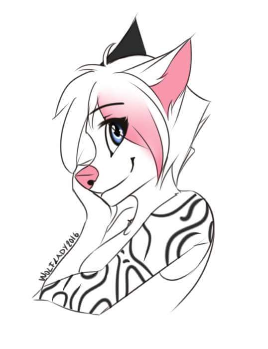 anthro arctic_fox arm_tattoo blue_eyes canid canine female fox ikian_loverdail line_art mammal pink_inner_ear pink_nose portrait smile solo solo_focus tattoo wolflady