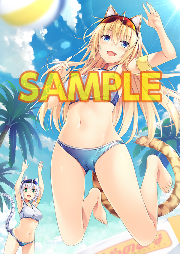 2girls :d akizora_momiji animal_ears arm_up armband armpits arms_up ball bangs bare_legs barefoot beach bikini blonde_hair blue_bikini blue_eyes blue_sky blush breasts cameltoe cat_ears cat_girl cat_tail character_request cloud cloudy_sky copyright_request crotch day eyebrows_visible_through_hair eyewear_on_head fang feet green_eyes hair_between_eyes jumping lens_flare long_hair medium_breasts multiple_girls navel open_mouth outdoors palm_tree palms sample_watermark sky smile stomach summer sun sunglasses sunlight swimsuit tail toranoana tree watermark white_hair