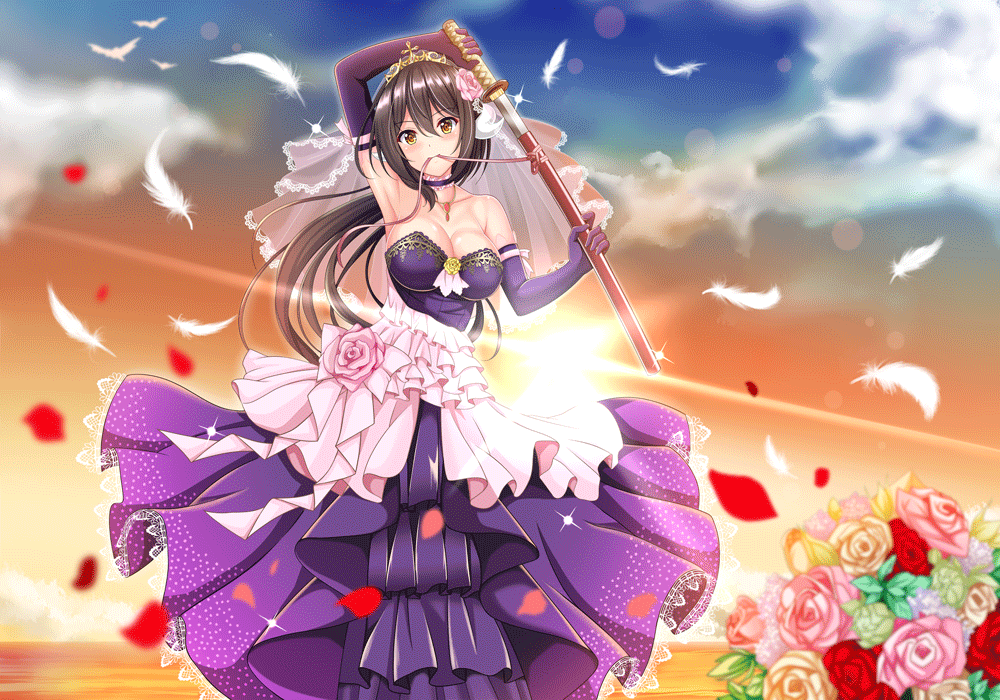 1girl arms_up azur_lane black_hair breasts choker dress elbow_gloves evening eyebrows_visible_through_hair feathers flower gloves hair_between_eyes hair_flower hair_ornament holding holding_sword holding_weapon horns jewelry katana large_breasts long_hair looking_at_viewer mikasa_(azur_lane) multicolored_clothes multicolored_dress necklace ocean oni orange_flower orange_rose ougi_(ihayasaka) petals pink_dress pink_flower pink_rose purple_choker purple_dress purple_gloves red_flower red_rose rose rose_petals smile solo sunset sword tiara weapon white_flower white_rose yellow_eyes yellow_flower yellow_rose