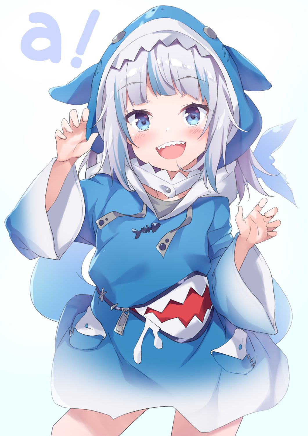 1girl :d akizora_momiji bangs blue_eyes blue_hoodie fish_tail gawr_gura highres hololive hololive_english hood hoodie long_sleeves looking_at_viewer multicolored_hair open_mouth shark_girl shark_tail sharp_teeth silver_hair smile solo tail teeth