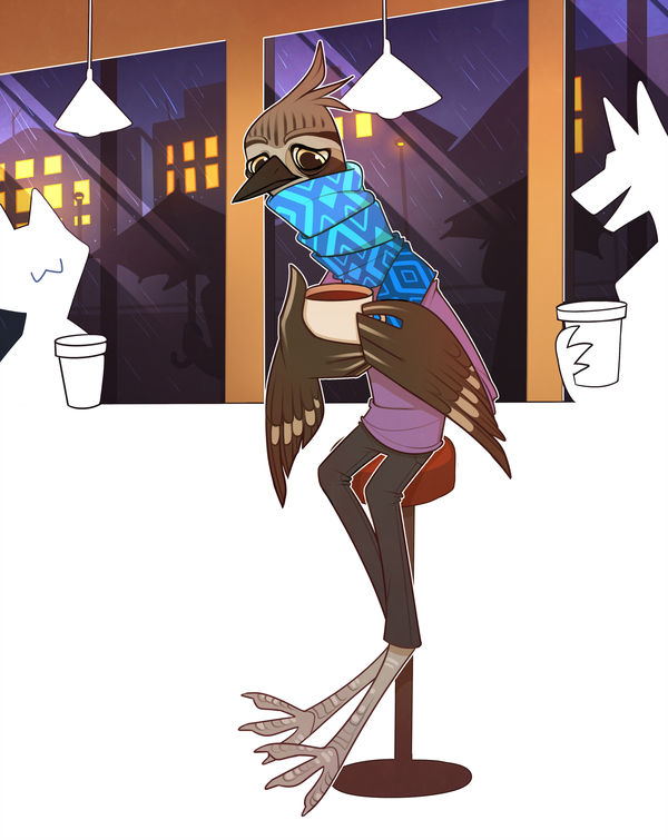 2018 3_fingers 3_toes :3 ambiguous_gender ambiguous_species anthro avian beak beverage biped bird bird_feet black_beak brown_feathers brown_wings building bush_stone-curlew cafe canine chair city clothed clothing coffee crest digital_drawing_(artwork) digital_media_(artwork) disposable_cup eyeless feather_hands feathered_crest feathered_wings feathers frown full-length_portrait fully_clothed grey_clothing group holding_beverage holding_cup holding_object inside lamp lighting long_legs long_neck looking_down male_focus mammal open_mouth open_smile outline pants portrait purple_clothing raining sad scarf shirt shorebird silhouette sitting sky smile smokyjack snout solo_focus stone-curlew street_lamp toes toony umbrella window winged_arms wings yellow_eyes