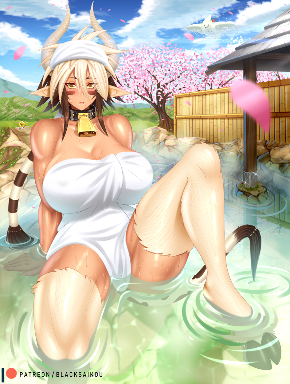 2019 animal_humanoid bell bell_collar big_breasts black_collar blacksaikou bovid bovid_humanoid bovine bovine_humanoid breasts cathyl_(monster_musume) cattle_humanoid cherry_blossom collar cowbell detailed_background duo female feral hi_res hooves horn horned_humanoid hot_spring huge_breasts humanoid looking_at_viewer mammal mammal_humanoid monster_girl_(genre) monster_musume nintendo onsen open_mouth outside partially_submerged patreon patreon_logo plant pok&eacute;mon pok&eacute;mon_(species) pupils reclining solo_focus square_pupils text togekiss towel towel_only url video_games water wet yellow_eyes
