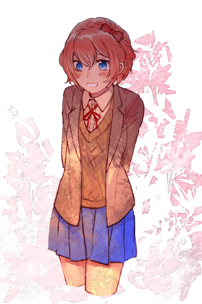 1girl arms_behind_back blue_eyes blue_skirt bow commentary_request cropped_legs doki_doki_literature_club grey_jacket hair_bow jacket long_sleeves looking_at_viewer open_clothes open_jacket parted_lips pink_hair pleated_skirt red_bow sayori_(doki_doki_literature_club) school_uniform short_hair simple_background skirt smile solo sora_(efr)