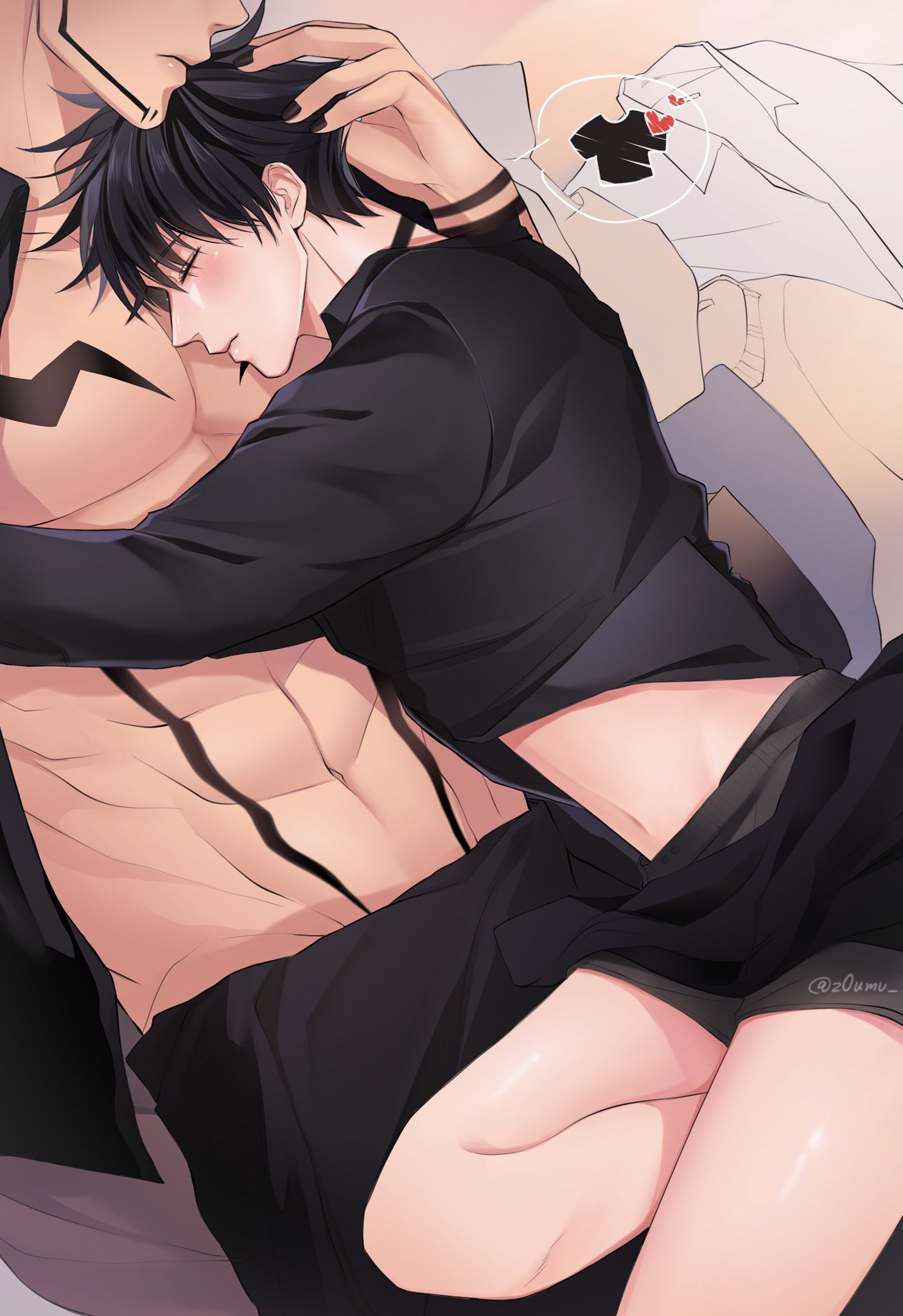 2boys abs bangs black_hair black_nails black_pants boxers chest_tattoo closed_eyes closed_mouth collared_shirt facial_tattoo fushiguro_megumi hand_in_hair highres jujutsu_kaisen male_focus male_underwear multiple_boys muscular muscular_male navel open_clothes open_shirt pants pants_removed pectorals ryoumen_sukuna_(jujutsu_kaisen) shirt short_hair sleeping sleeping_on_person spiked_hair tattoo twitter_username underwear yaoi z0umu