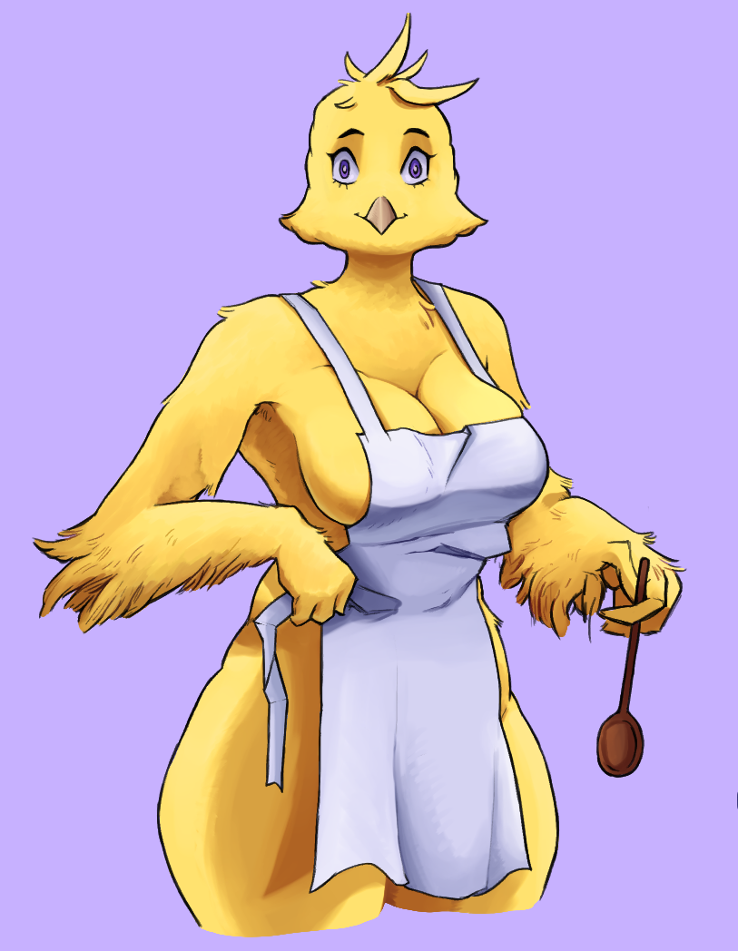 anthro apron apron_only arm_feathers arm_tuft avian beak big_breasts bird breast_bulge breasts cheek_tuft chichi_(roommates) chicken clothing curvy_figure facial_tuft feathers female galliform gallus_(genus) head_feathers head_tuft hourglass_figure huge_breasts looking_at_viewer md34 mostly_nude phasianid purple_eyes roommates:motha solo thick_thighs tuft yellow_body yellow_feathers