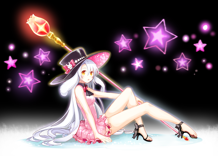 1girl animal_ears arched_soles arm_support bangs bare_legs black_background black_collar black_neckwear bow breasts bunny_ornament collar commentary dress feet floppy_ears frilled_dress frills glowing hagihiyo_(hagihiyo525) high_heels knee_up large_hat leaning_back legs long_hair looking_at_viewer magic magical_girl medium_breasts open_mouth orange_eyes original pink_bow pink_dress plantar_flexion rabbit_ears ribbon shiny shiny_clothes shiny_hair shiny_skin short_dress sidelocks silver_hair sitting sleeveless sleeveless_dress solo sparkle staff star_(symbol) strappy_heels striped striped_ribbon toes very_long_hair