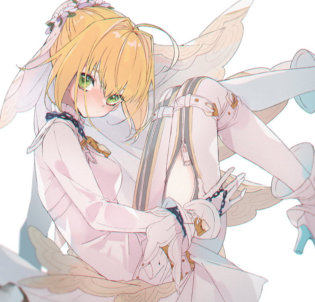 1girl ahoge artoria_pendragon_(fate) bangs blonde_hair blush boots breasts chain closed_mouth commentary fate/grand_order fate/unlimited_codes fate_(series) gloves green_eyes high_heels long_sleeves looking_at_viewer mei_(maple_152) saber_lily simple_background solo white_background white_footwear white_gloves zipper zipper_pull_tab