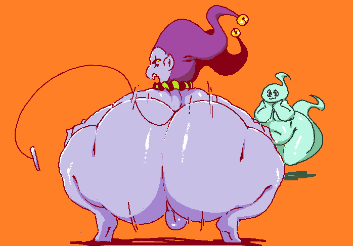 :3 balls big_butt butt clothing darkner deltarune genitals ghost gu_(character) hat headgear headwear huge_butt humanoid humanoid_pointy_ears imp jester jevil_(deltarune) looking_at_viewer looking_back male not_furry nude overweight sharp_teeth simple_background smile spirit teeth thick_thighs trashdrawy twerking undertale_(series) video_games