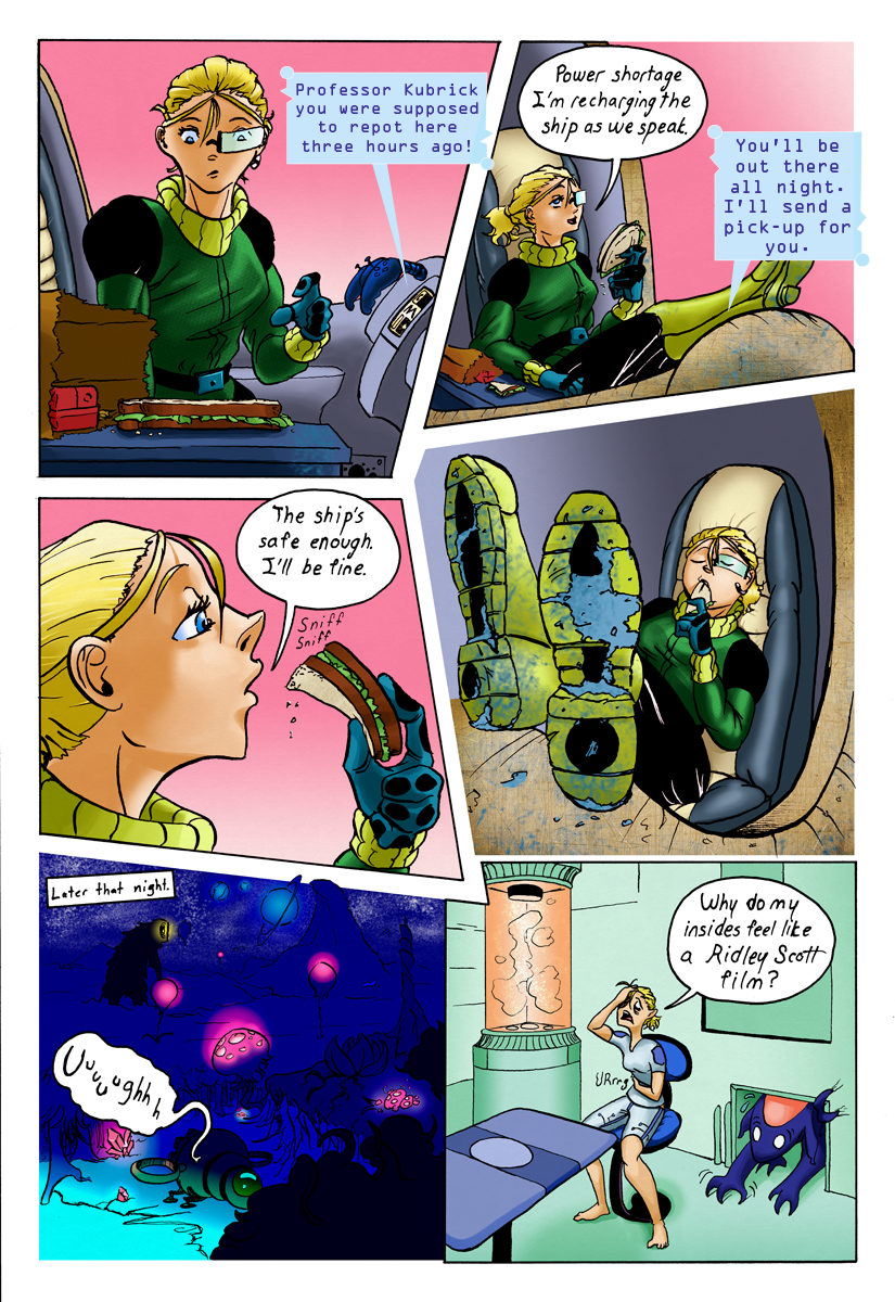 alien blonde_hair blue_body blue_eyes clothed clothing colored comic comictf corruption dialogue eating english_text female feral food hair hi_res human ill male mammal science_fiction spacecraft speech_bubble text vehicle