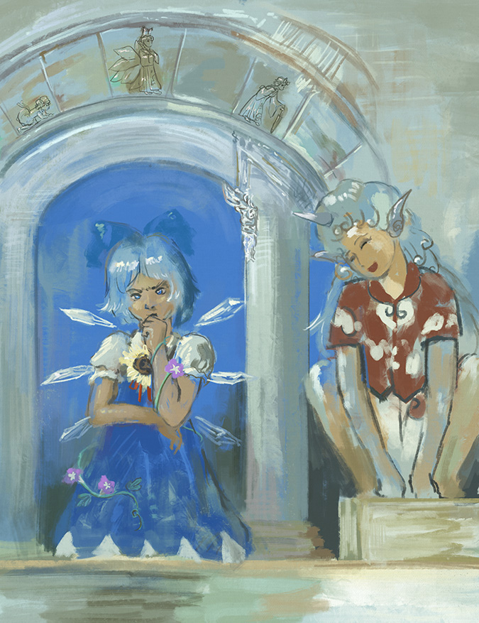 2girls amibazh aqua_hair arch bangs blue_bow blue_dress blue_eyes blue_hair blue_wings bow breasts buttons chen cirno closed_eyes cloud_print collared_shirt curly_hair dress flat_chest flower green_hair hair_bow hair_flower hair_ornament horns ice ice_wings kariyushi_shirt komainu komano_aunn long_dress long_hair morning_glory multiple_girls neck_flower neck_ribbon pillar pinafore_dress plant puffy_short_sleeves puffy_sleeves red_ribbon red_shirt ribbon shirt short_sleeves shorts single_horn small_breasts smile sunflower sunflower_hair_ornament tan tanned_cirno thinking touhou vines watercolor_effect white_shirt white_shorts wings yakumo_ran yakumo_yukari