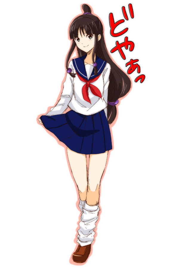 1girl ace_attorney alternate_costume bangs black_hair blue_skirt blunt_bangs blush brown_footwear clothes_lift collarbone commentary_request full_body grey_eyes hair_ornament half_updo head_tilt kisaragi_ichigo leg_warmers lifted_by_self long_hair long_sleeves looking_at_viewer low_tied_hair maya_fey outline parted_bangs pleated_skirt red_neckwear school_uniform serafuku shiny shiny_hair sidelocks simple_background skirt skirt_lift smile solo thighs translation_request white_background