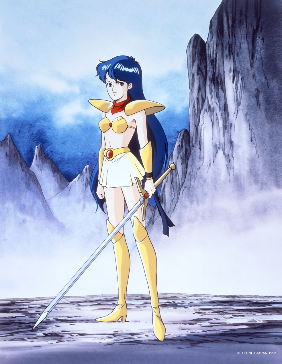 1990s_(style) 1992 1girl armor asou_yuuko bikini blue_eyes blue_hair boots company_name copyright expressionless full_body high_heels highres holding holding_sword holding_weapon knee_boots long_hair miniskirt mugen_senshi_valis navel non-web_source outdoors pauldrons red_scarf retro_artstyle scarf shoulder_armor skirt solo standing strapless strapless_bikini swimsuit sword valis very_long_hair weapon