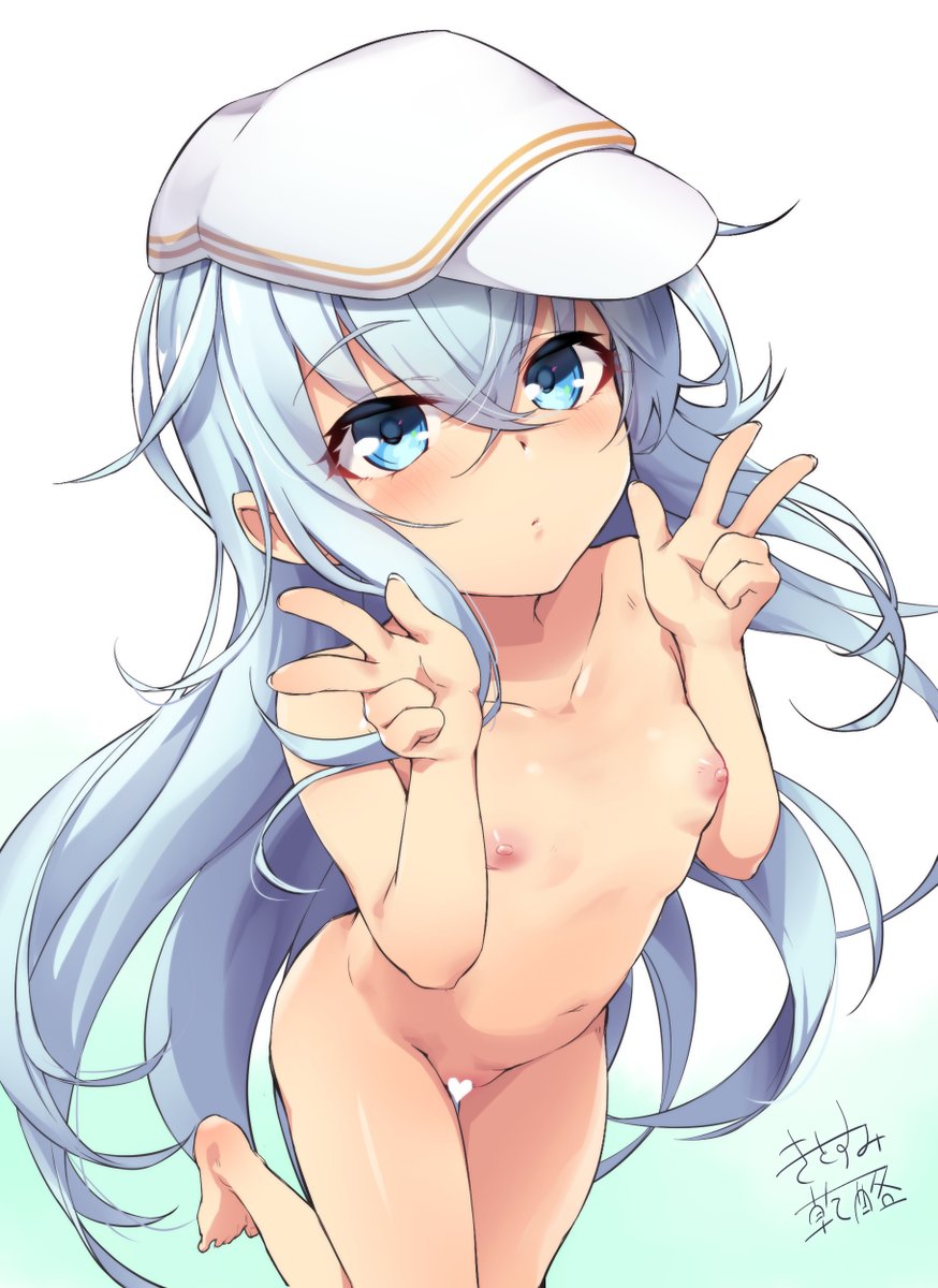 1girl bangs blush breasts censored cheese_(cheese_koubou) closed_mouth crossed_bangs double_w flat_cap gradient gradient_background hair_between_eyes hat heart heart_censor hibiki_(kancolle) highres kantai_collection long_hair long_sleeves looking_at_viewer nipples nude pleated_skirt pussy signature silver_hair simple_background skirt small_breasts solo verniy_(kancolle) very_long_hair w white_headwear