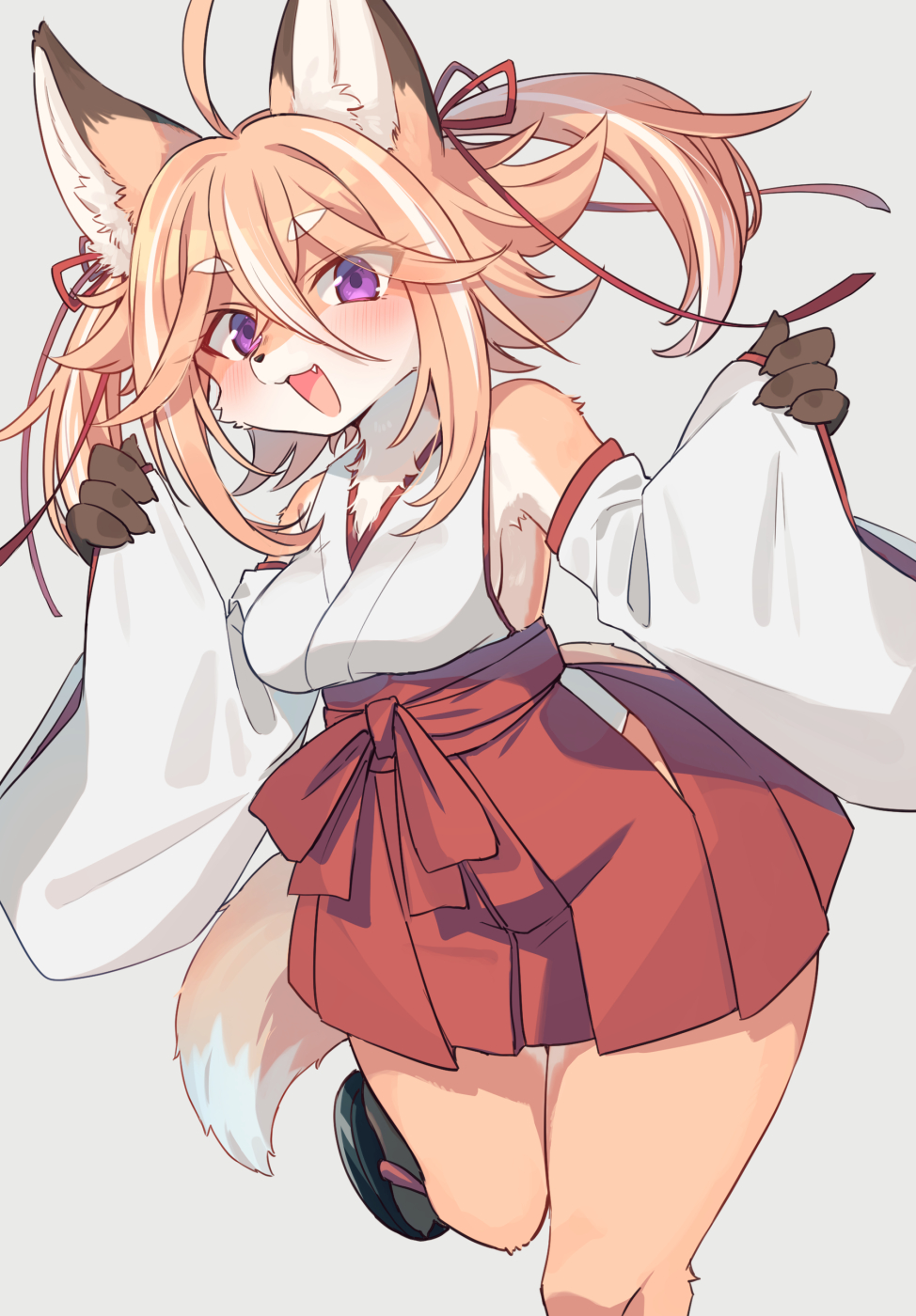 2022 4_fingers anthro asian_clothing blonde_hair blush bottomwear breasts brown_body brown_fur canid canine claws clothing cute_fangs dipstick_ears dipstick_tail east_asian_clothing female finger_claws fingers fluffy fox fur gloves_(marking) hair hakama happy hi_res japanese_clothing kemono looking_at_viewer mammal markings miko_outfit multicolored_body multicolored_ears multicolored_fur multicolored_hair multicolored_tail purple_eyes sgsix shrine_maiden smile smiling_at_viewer solo tail_markings white_body white_fur white_hair yellow_body yellow_fur