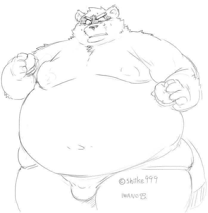 2017 anthro belly big_belly burger canid canine clothing food humanoid_hands iwano jockstrap kemono male mammal moobs navel nipples obese obese_male overweight overweight_male raccoon_dog simple_background sketch solo tanuki underwear