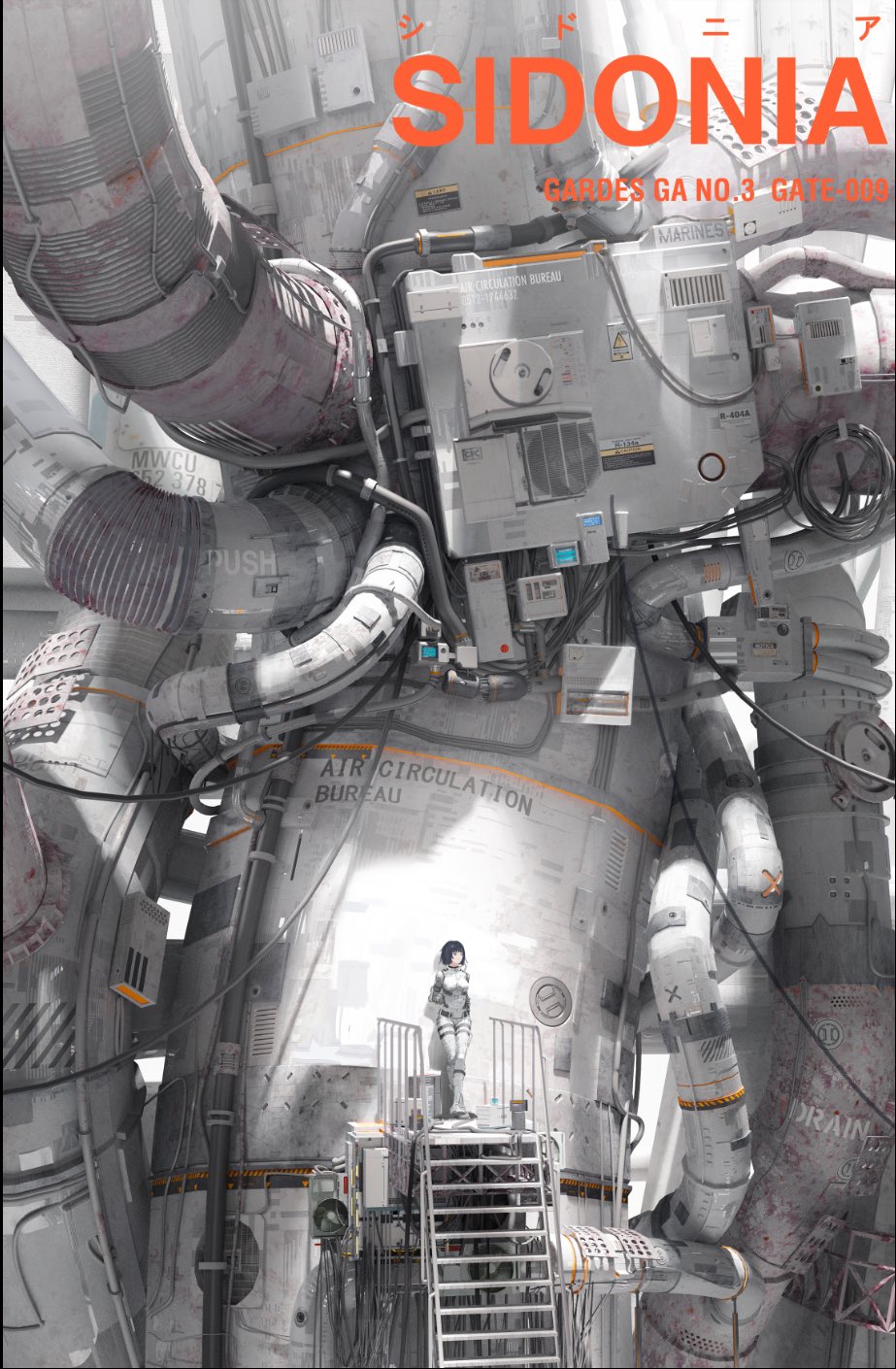 1girl arms_behind_back bangs black_hair breasts cable chinese_commentary english_text highres leaning_back looking_away machinery original pipes plugsuit scenery short_hair solo stairs standing standing_on_one_leg tube ventilation_fan ventilator ya_yan