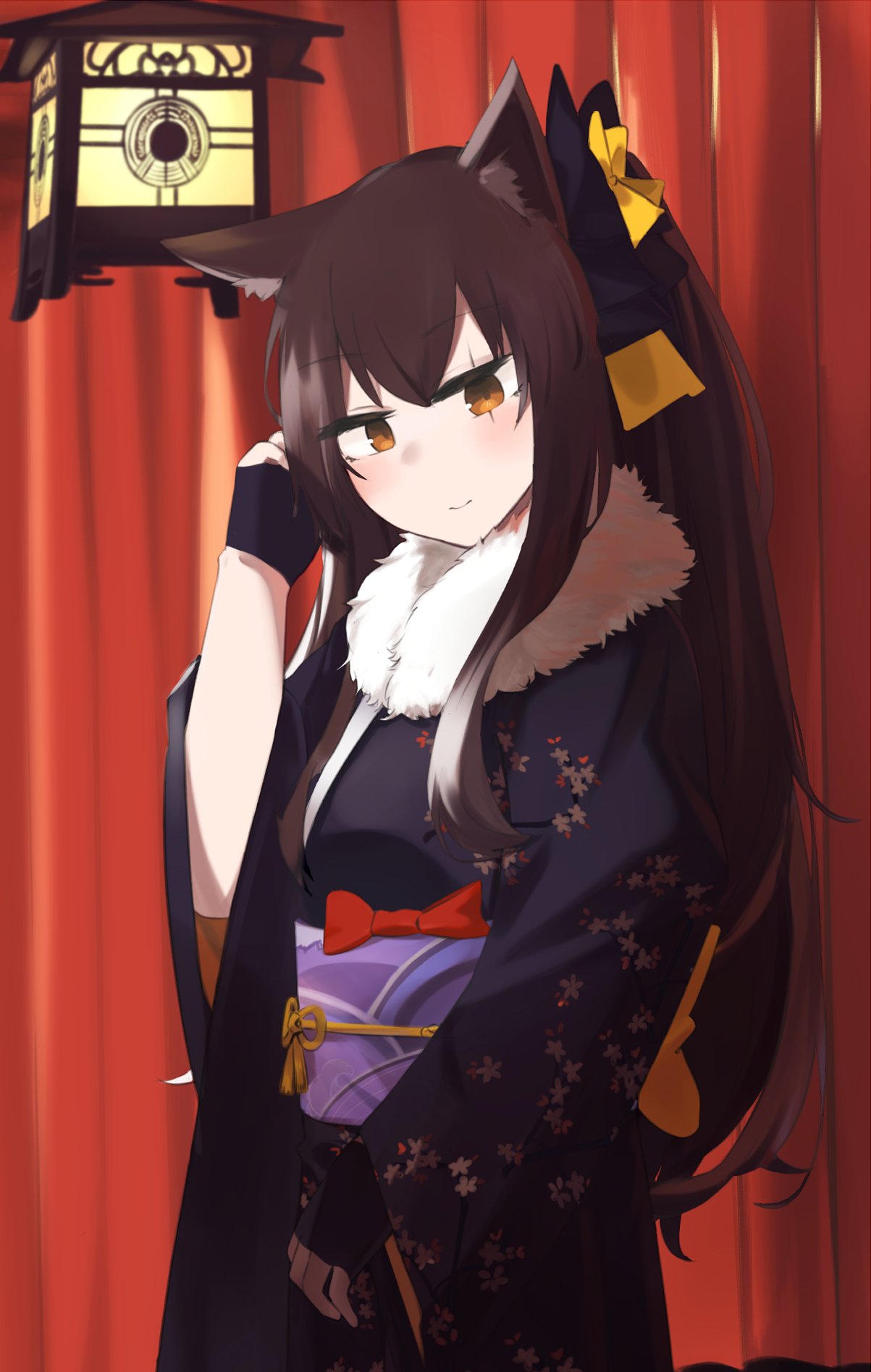 1girl animal_ears bangs black_gloves blush brown_eyes brown_hair closed_mouth eyebrows_visible_through_hair fingerless_gloves fur-trimmed_kimono fur_trim girls'_frontline gloves hair_ribbon hand_in_hair highres hinami047 japanese_clothes kimono lamp long_hair looking_at_viewer official_alternate_costume ribbon scar scar_across_eye simple_background smile solo standing ump45_(girls'_frontline) ump45_(lonely_traveler_of_eternity)_(girls'_frontline)