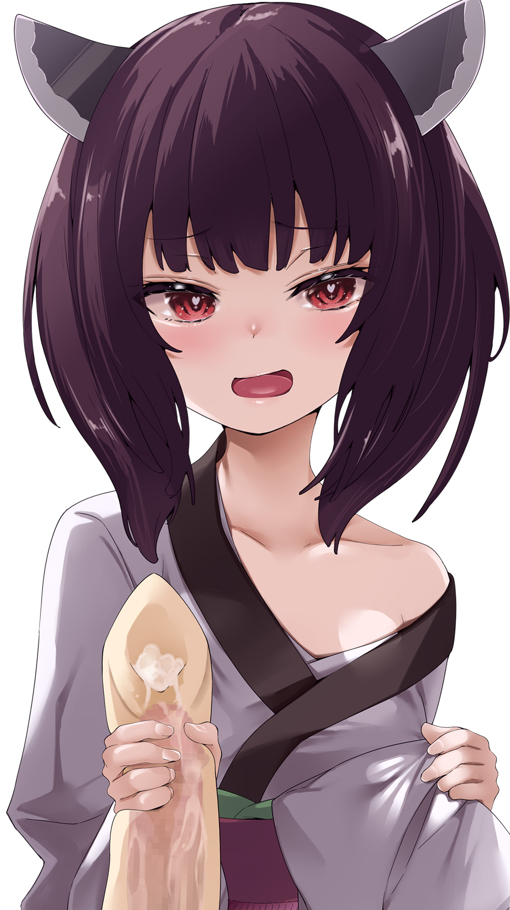 1girl amasora_taichi bangs black_hair censored chikuwa collarbone commentary_request cum cum_on_food erection eyebrows_visible_through_hair flat_chest food handjob headgear heart heart-shaped_pupils highres holding holding_food japanese_clothes kimono looking_at_viewer mosaic_censoring obi off_shoulder open_mouth penis purple_sash red_eyes sash simple_background smile solo symbol-shaped_pupils touhoku_kiritan upper_body voiceroid white_background wide_sleeves x-ray