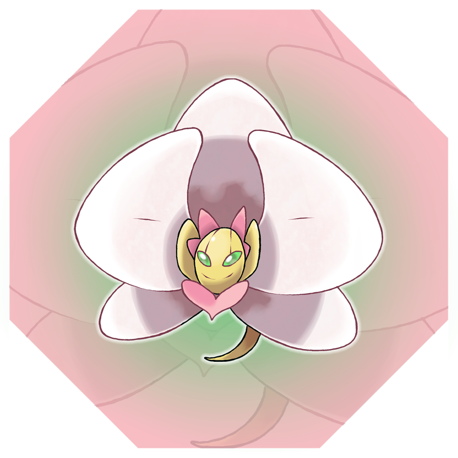 closed_mouth commentary english_commentary fakemon flower full_body green_eyes happy hyshirey no_humans official_style original outline pink_background pink_flower pink_theme pokemon smile split_mouth transparent_border white_outline