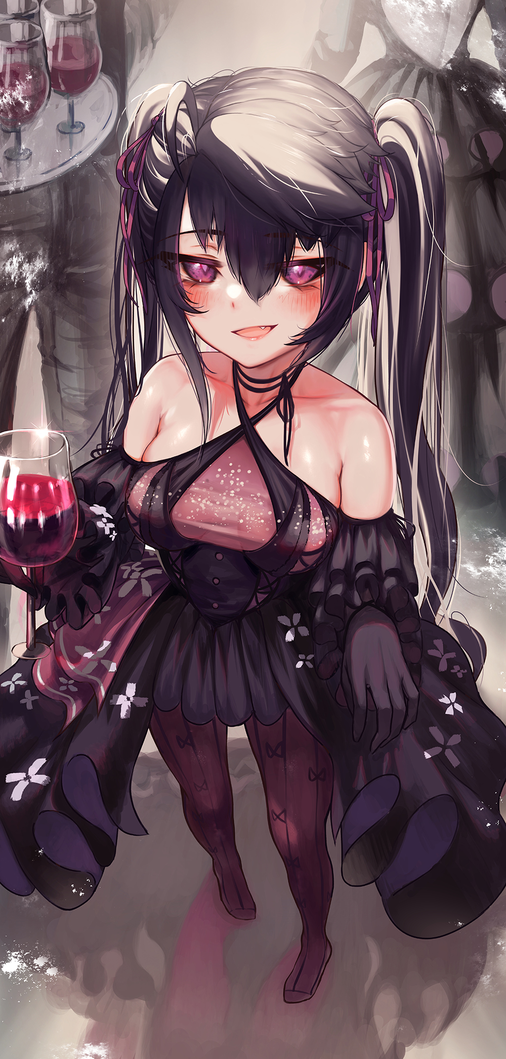 1boy 2girls alcohol bangs bare_shoulders black_dress black_hair blush breasts cleavage clothing_cutout collarbone commentary_request cup dress drinking_glass fang floral_print frilled_dress frills full_body gloves hair_between_eyes hair_ribbon halterneck highres holding holding_cup holding_tray large_breasts long_hair looking_at_viewer multiple_girls no_shoes open_mouth original pantyhose purple_eyes purple_ribbon reflective_floor ribbon see-through_dress shadow short_dress shoulder_cutout sideboob smile torriet tray twintails wine wine_glass
