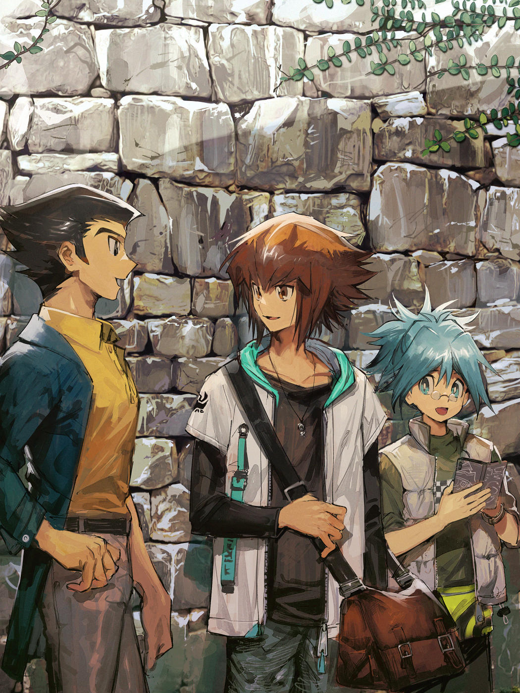 3boys :d against_wall aoki_(fumomo) black_eyes black_hair black_shirt blue_coat blue_eyes blue_hair brown_eyes brown_hair coat collarbone collared_shirt eye_contact glasses green_shirt grey_pants highres jewelry long_hair long_sleeves looking_at_another male_focus marufuji_shou misawa_daichi multicolored_hair multiple_boys open_clothes open_coat open_mouth pants pendant shiny shiny_hair shirt sleeves_rolled_up smile spiked_hair stone_wall tied_hair two-tone_hair wall wing_collar yellow_shirt yu-gi-oh! yu-gi-oh!_gx yuuki_juudai