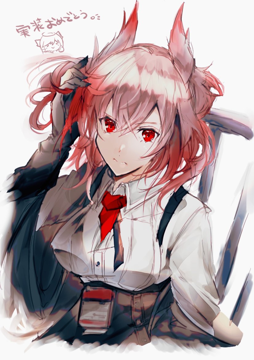 1girl animal_ears arknights bird_ears black_gloves black_jacket black_skirt breasts collared_shirt dress_shirt eyebrows_visible_through_hair fiammetta_(arknights) gloves gradient_hair hair_between_eyes hand_in_hair id_card jacket looking_at_viewer medium_breasts mirui mostima_(arknights) multicolored_hair off_shoulder open_clothes open_jacket pink_hair red_eyes shirt simple_background skirt solo suspender_skirt suspenders thumbs_up upper_body v-shaped_eyebrows white_background white_shirt
