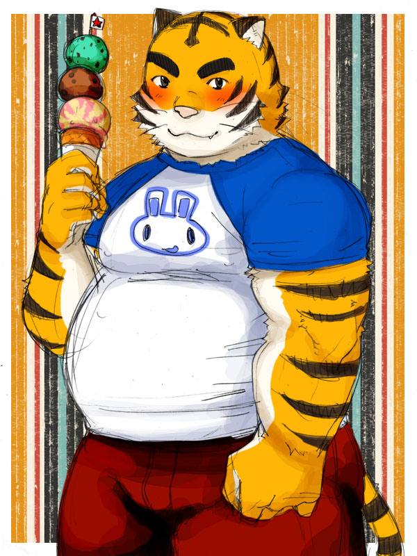 2008 anthro belly big_belly blush bottomwear clothing dessert felid food humanoid_hands ice_cream kemono male mammal overweight overweight_male pantherine pants pink_nose shirt solo takezamurai tiger topwear white_body yellow_body