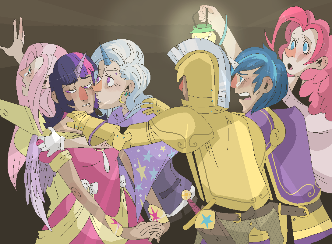 alternate_species armor ball_gown blue_eyes blue_hair bodily_fluids brown_background clothed clothing dress ear_piercing ear_ring embrace female fluttershy_(mlp) friendship_is_magic gauntlets gloves group hair handwear hasbro headgear helmet holding_object horn horned_humanoid humanoid inspired_by_formal_art lamp lantern looking_aside male melee_weapon multicolored_hair my_little_pony open_mouth piercing pink_hair pinkie_pie_(mlp) purple_eyes purple_hair reaching royal_guard_(mlp) shining_armor_(mlp) shoulder_grab simple_background standing stevetwisp sword tears trixie_(mlp) twilight_sparkle_(mlp) weapon white_hair winged_humanoid wings