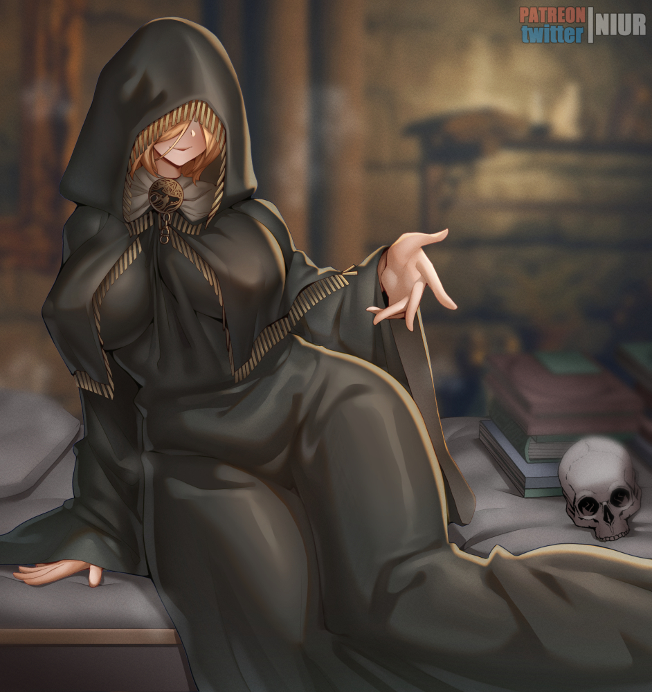 1girl artist_name bed black_dress blonde_hair book book_stack candle closed_mouth covered_navel covered_nipples dress elden_ring fia_the_deathbed_companion hair_over_eyes hood hood_up indoors long_hair long_sleeves niur on_bed open_hand pillow sitting sitting_on_bed skull sleeves_past_wrists smile solo steam steaming_body wide_sleeves