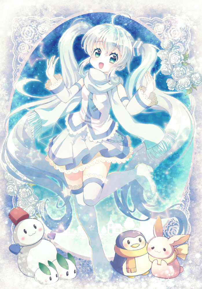 1girl ahoge bangs bird blue_background blue_eyes blue_hair boots bunny detached_sleeves flower green_eyes hatsune_miku high_heel_boots high_heels lace leg_up looking_at_viewer necktie open_mouth penguin rose scarf smile snowman solo solo_focus star_(symbol) thigh_boots thighhighs twintails vesper_(pixiv3568) vocaloid white_flower white_rose yuki_miku zettai_ryouiki