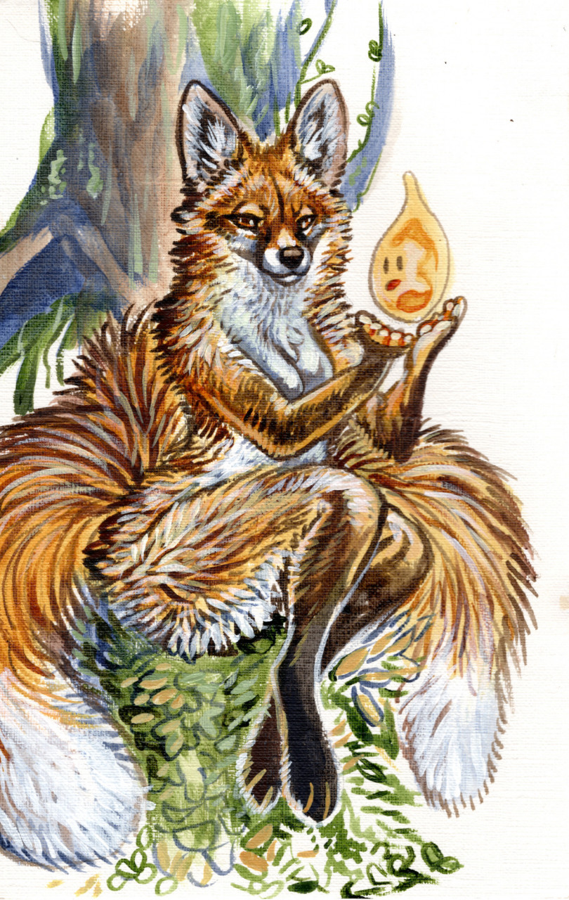 anthro cadmiumtea canid canine digitigrade ears_up female fox hi_res leaf mammal multi_tail nude plant simple_background sitting solo spirit strategically_covered traditional_media_(artwork) tree white_background