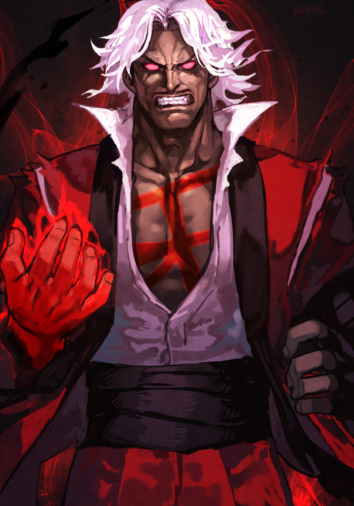 capcom_vs_snk_2 collarbone dark_persona dark_skin energy facial_hair gloves glowing glowing_eyes glowing_hand god_rugal high_collar hungry_clicker mustache open_hand red_eyes rugal_bernstein shirt snk the_king_of_fighters torn_clothes torn_shirt tuxedo white_hair white_shirt