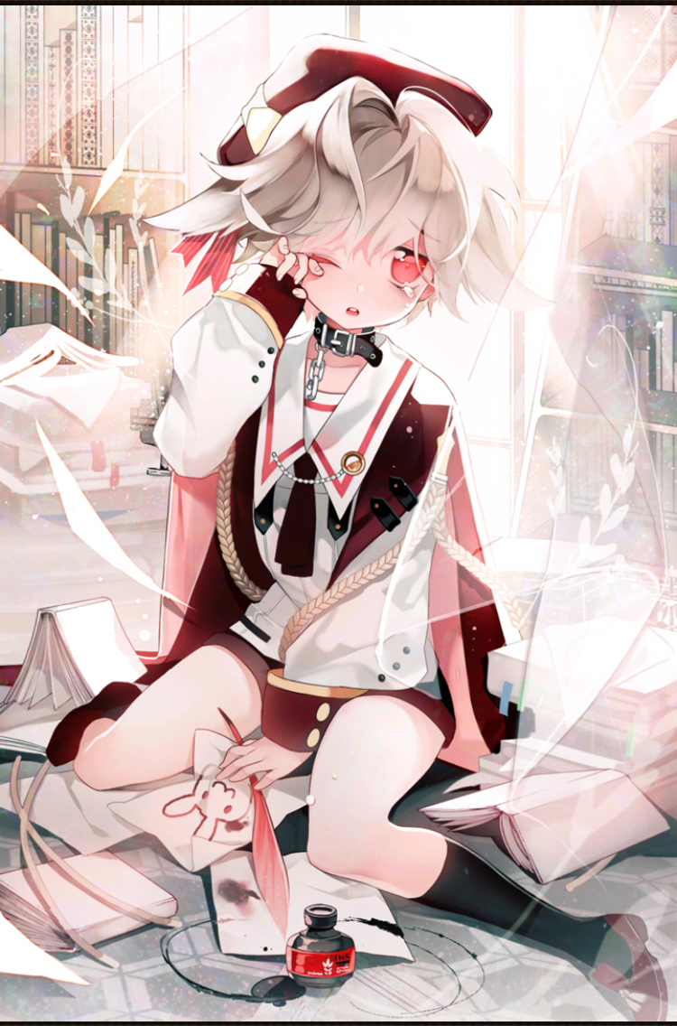 1boy androgynous bunny chain collar crying drawing ink ink_bottle looking_at_viewer male_focus official_art one_eye_closed otoko_no_ko pink_eyes quill rubbing_eyes saibai_shounen second-party_source silver_hair solo tearing_up yuni_(saibai_shounen)