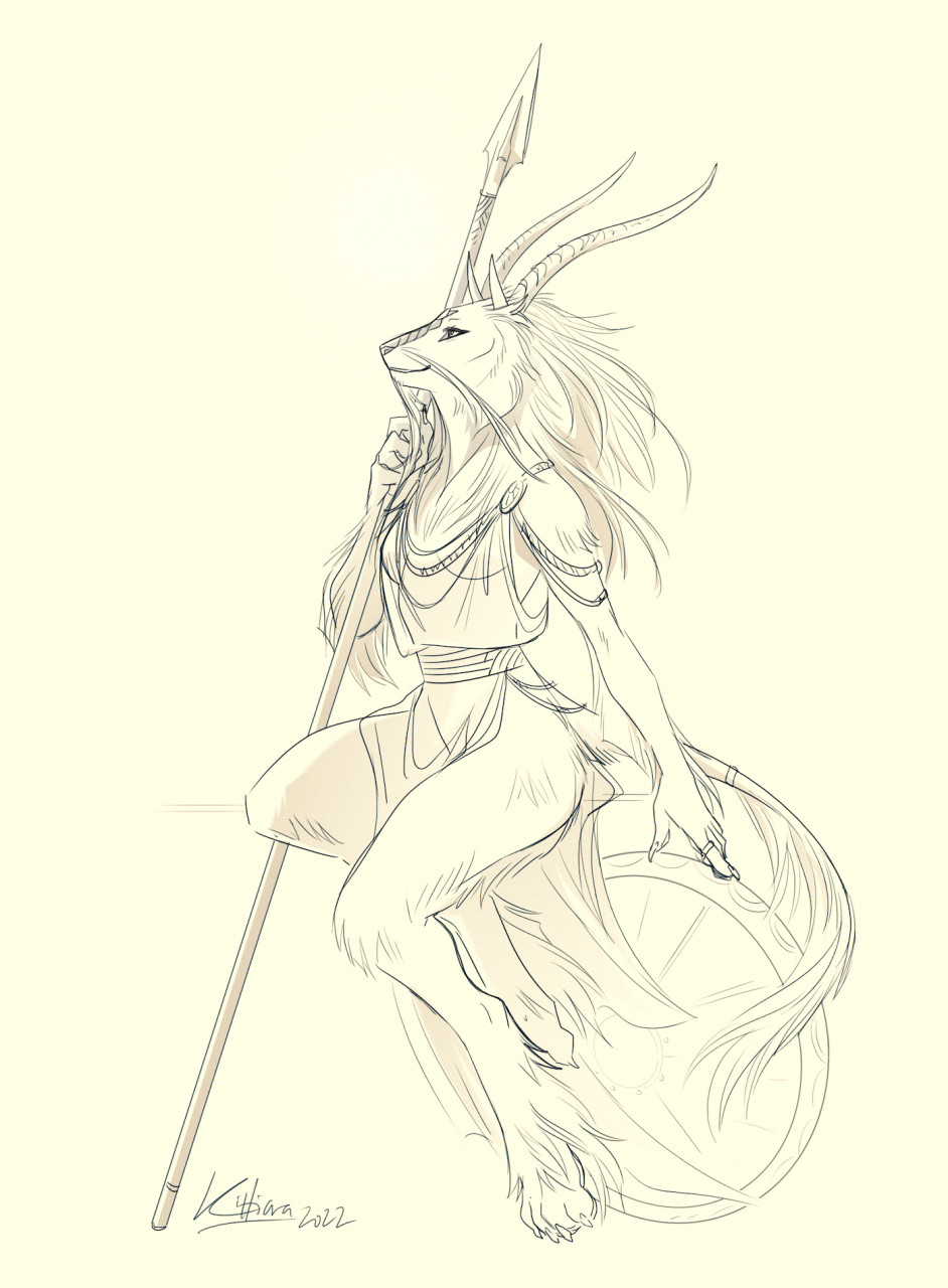 accessory anthro dragon female furgonomics fuzzy hi_res horn kittiara looking_away loose_shirt melee_weapon polearm simple_background sketch solo spear tail_accessory weapon white_background