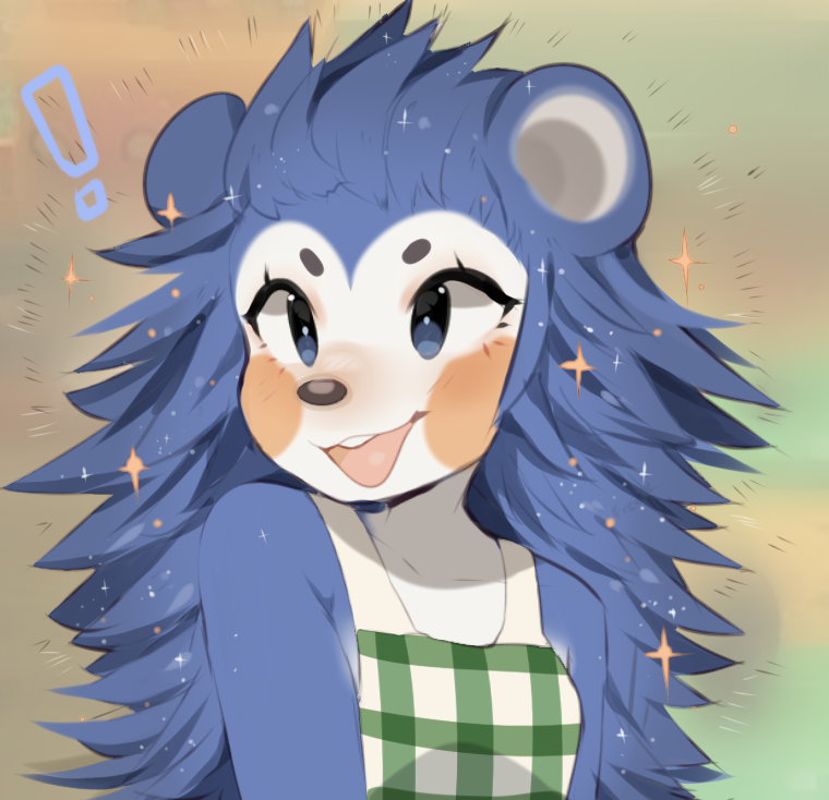 animal_crossing anthro apron blue_body blue_eyes blue_fur clothed clothing digital_media_(artwork) eulipotyphlan exclamation_point female fredek666 fur glistening hedgehog mabel_able mammal nintendo open_mouth shaded solo video_games