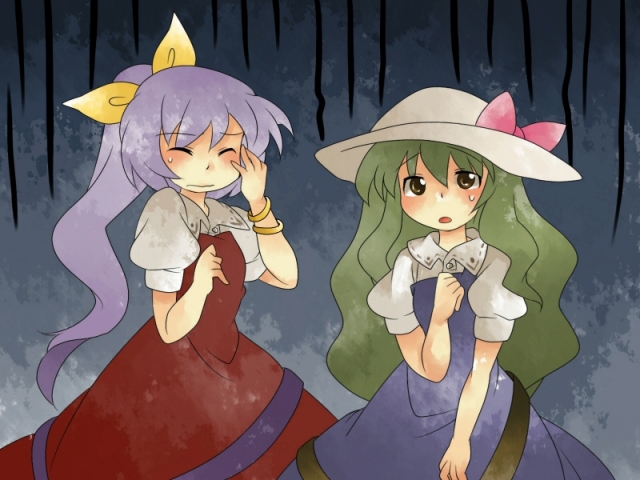 2girls blonde_hair blue_dress bow bracelet clenched_hand dress facepalm gloom_(expression) green_hair hammer_(sunset_beach) jewelry long_hair multiple_girls ponytail purple_hair red_dress siblings sisters sweat touhou watatsuki_no_toyohime watatsuki_no_yorihime yellow_bow