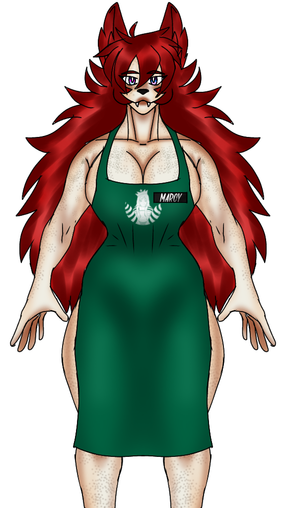 apron apron_only big_breasts breasts canid canine clothing curled_tail fangs freckles gynomorph hair heterochromia humanoid hybrid i_mean_breast_milk intersex mammal marcy's_lewd_images marcy_(marcy's_lewd_images) meme mostly_nude red_hair solo starbucks thick_thighs vampire were werecanid werecanine werewolf