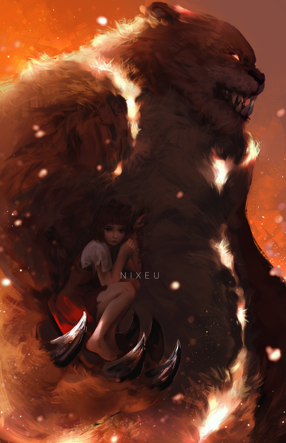1girl animal annie_(league_of_legends) artist_name barefoot bear blurry blurry_background brown_eyes brown_hair child claws commentary depth_of_field english_commentary flat_chest highres holding holding_person league_of_legends medium_hair mixed-language_commentary nixeu orange_background oversized_animal pleated_skirt red_skirt scared shirt short_sleeves sitting skirt tibbers white_shirt