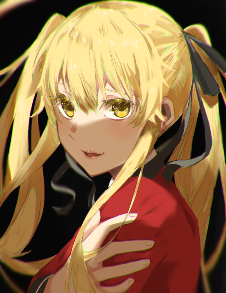 1girl bangs black_ribbon blonde_hair blush formal hair_ribbon hyakkaou_academy_uniform jacket kakegurui kkheicho long_hair looking_at_viewer red_jacket red_suit ribbon saotome_meari school_uniform shirt solo suit twintails yellow_eyes