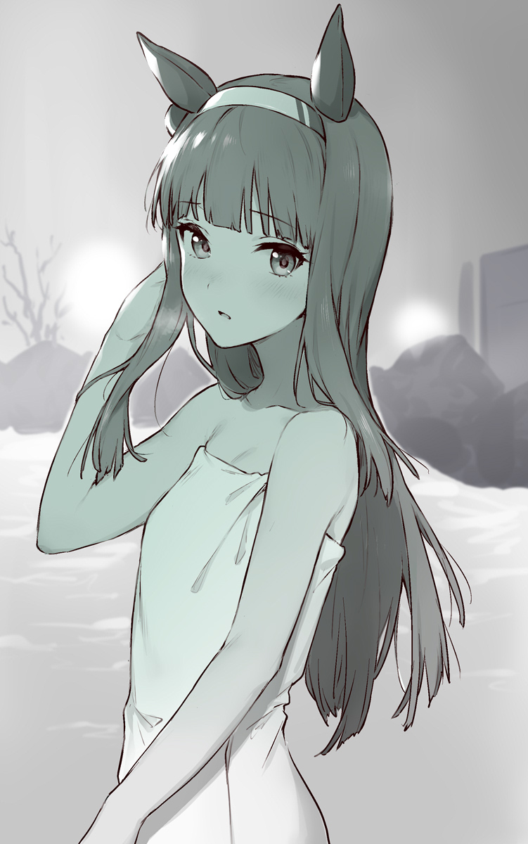 1girl animal_ears bangs bare_shoulders blush breasts breath cleavage ear_covers greyscale hairband hand_in_own_hair highres horse_ears long_hair looking_at_viewer monochrome naked_towel open_mouth rock saboten sauna silence_suzuka_(umamusume) small_breasts solo thighhighs towel umamusume upper_body water