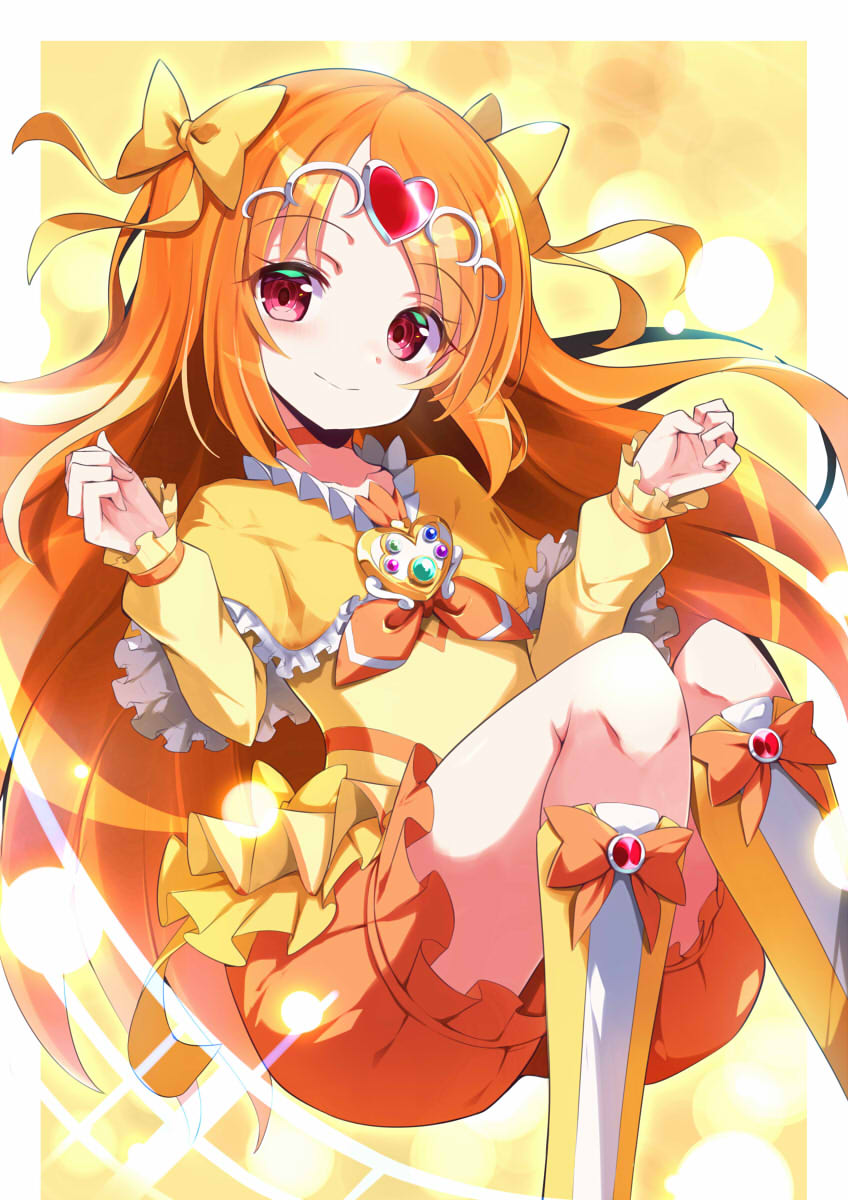 1girl blush boots border brooch bubble_skirt capelet choker cure_muse_(yellow) dress frills gradient gradient_background hair_ribbon heart highres jewelry long_hair long_sleeves neckerchief omochishiki orange_hair orange_neckerchief orange_ribbon precure red_eyes ribbon shirabe_ako sitting skirt smile solo sparkle_background suite_precure tiara two-tone_footwear white_border white_footwear yellow_background yellow_choker yellow_dress yellow_footwear yellow_ribbon