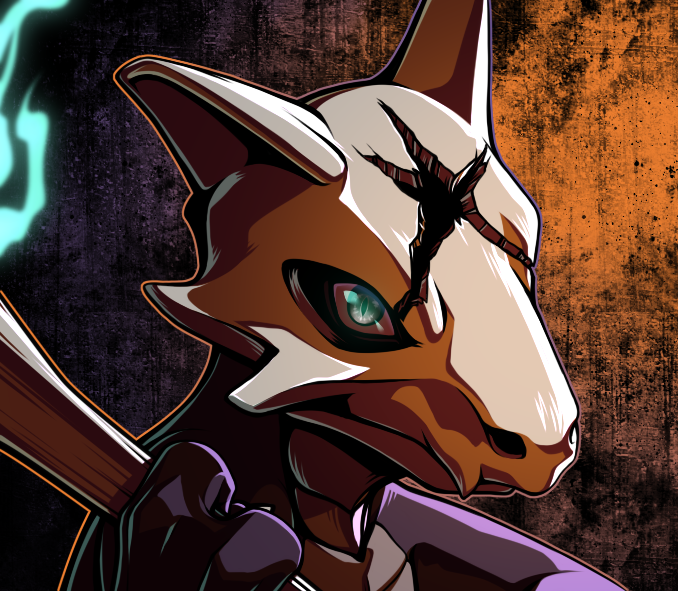 2022 3_fingers alolan_marowak ambiguous_gender anthro black_background blue_eyes bust_portrait conditional_dnp digital_drawing_(artwork) digital_media_(artwork) fingers gradient_background grey_body holding_object holding_weapon looking_at_viewer mask monster nintendo orange_background pok&eacute;mon pok&eacute;mon_(species) portrait ratte regional_form_(pok&eacute;mon) simple_background skull_mask solo video_games weapon