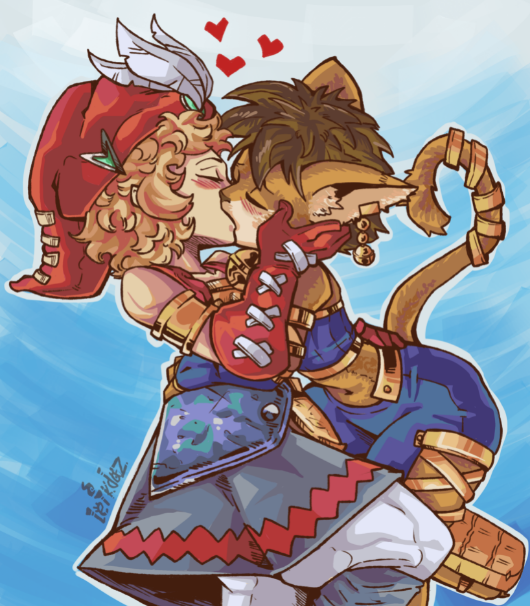 animal_humanoid anthro cat_humanoid daena duo felid felid_humanoid feline feline_humanoid female human human_on_anthro humanoid interspecies kissing legend_of_mana leikdoz male male/female male_protagonist mammal mammal_humanoid mana_(series) square_enix video_games