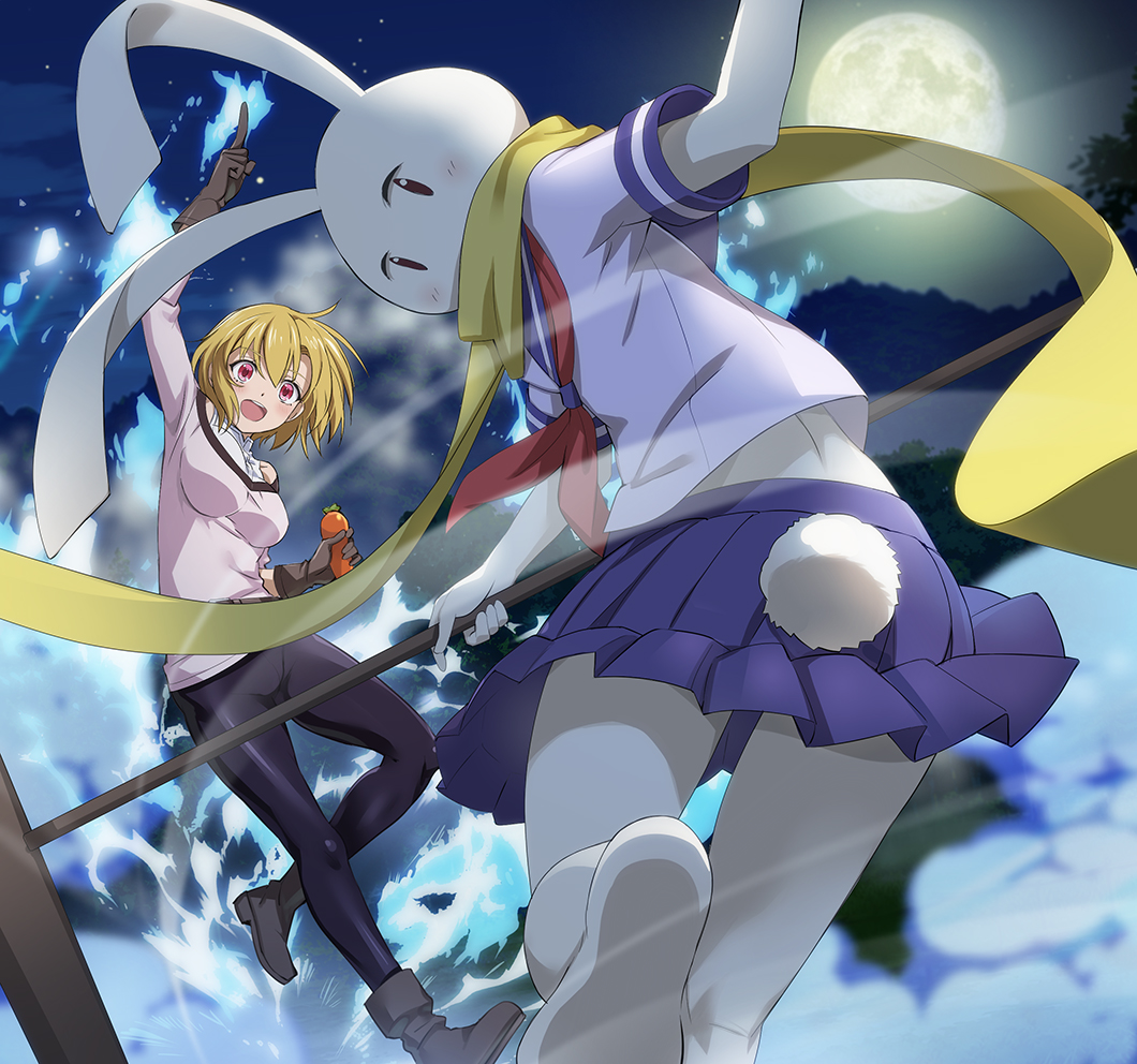 2girls animal_ears bangs black_pants blonde_hair blue_skirt blush boots breasts character_request frau_(peach_boy_riverside) grey_footwear hair_between_eyes holding holding_polearm holding_weapon large_breasts long_sleeves looking_back monster_girl moon multiple_girls neckerchief night night_sky nyoro_(nyoronyoro000) official_style open_mouth pants peach_boy_riverside pleated_skirt pole polearm purple_shirt rabbit_ears rabbit_girl rabbit_tail rake red_eyes red_neckerchief sailor_collar saltorynne_ardalake scarf shirt short_hair skirt sky smile solo tail thighs tight tight_pants weapon white_shirt yellow_scarf