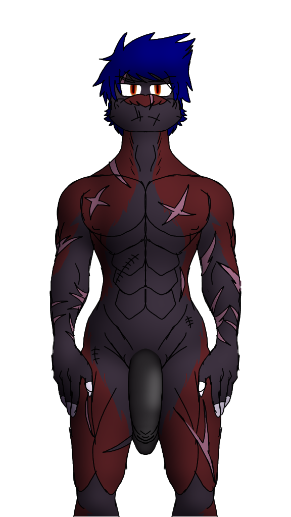 anthro anubis_(chupadore) big_penis blue_hair canid canine chupadore fox genitals hair lean_muscle male mammal marcy's_lewd_images muscular muscular_male nude penis red_vs._blue scars_all_over solo tailless yellow_eyes