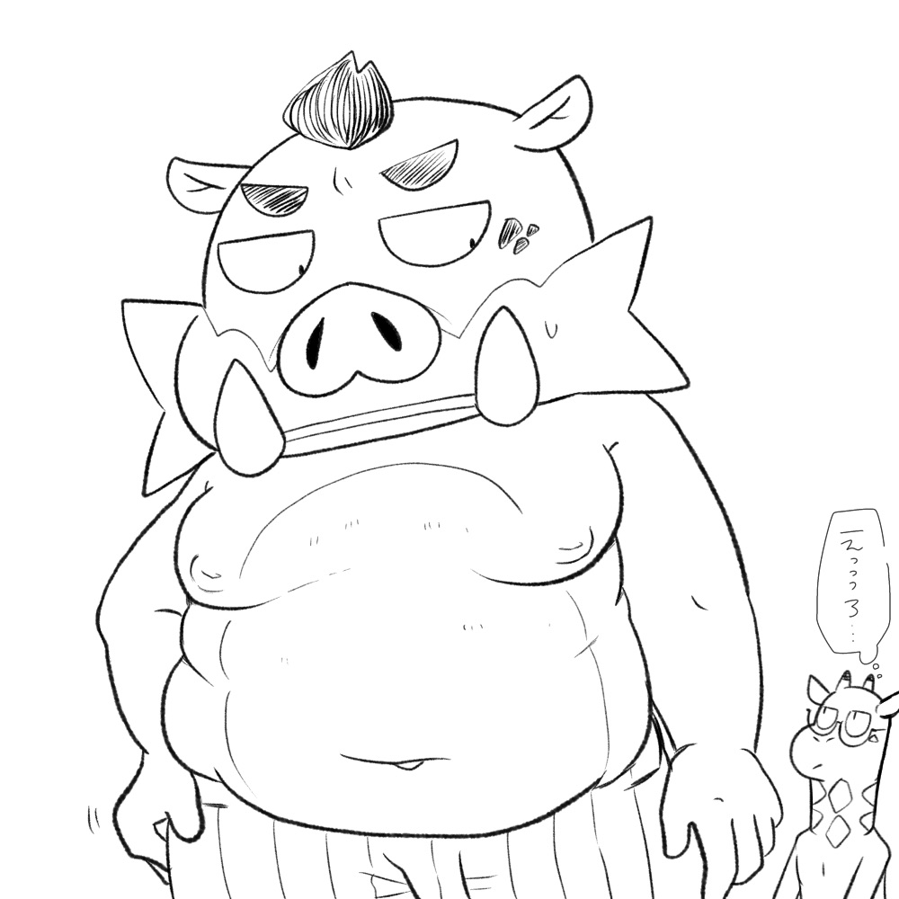 2022 anthro belly biped clothing duo giraffee kemono kensuke_shibagaki_(odd_taxi) male mammal moobs natsumeggggg navel nipples odd_taxi overweight overweight_male satoshi_nagashima_(odd_taxi) simple_background sketch suid suina sus_(pig) underwear wild_boar
