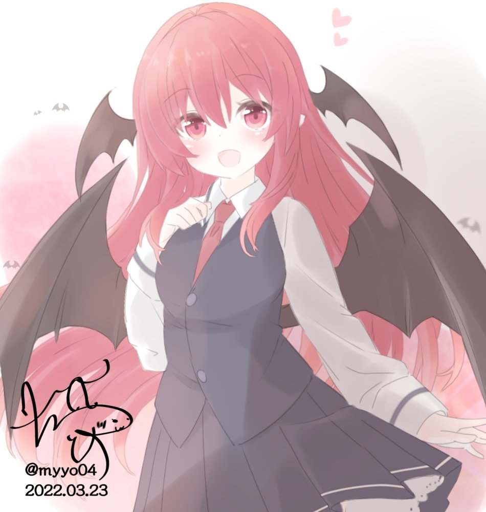 1girl blush breasts chame_(myyo04) head_wings heart koakuma long_hair long_sleeves looking_at_viewer necktie open_mouth red_eyes red_hair red_neckwear shirt skirt smile solo touhou very_long_hair vest wings