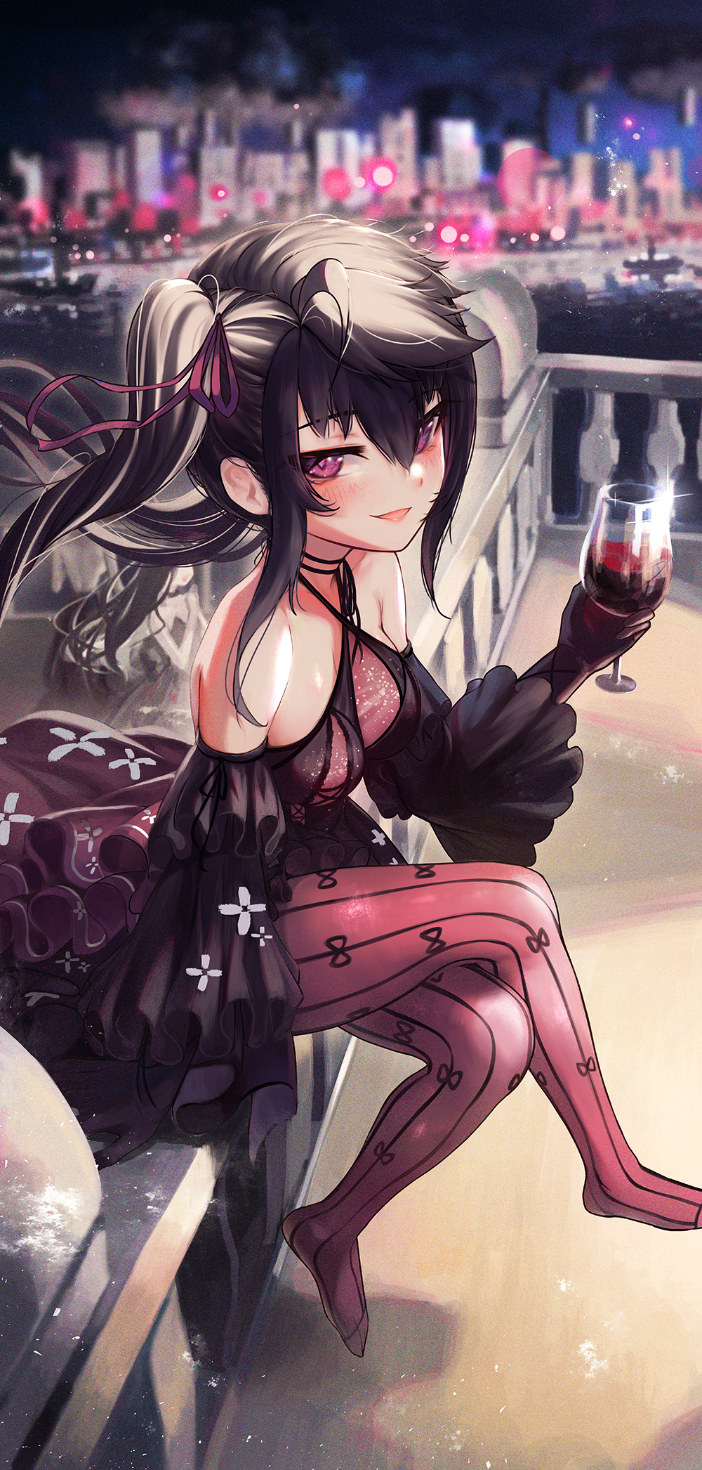 1girl ahoge alcohol bangs bare_shoulders black_dress black_gloves black_hair blurry blurry_background breasts cityscape crossed_legs cup dress drinking_glass eyebrows_visible_through_hair floating_hair full_body gloves hair_between_eyes hair_ribbon halter_dress halterneck highres holding holding_cup long_hair long_sleeves looking_at_viewer medium_breasts night no_shoes original outdoors pantyhose parted_lips priite_hari_(torriet) purple_eyes purple_ribbon red_legwear ribbon sitting smile solo striped striped_legwear torriet twintails vertical-striped_legwear vertical_stripes wine wine_glass