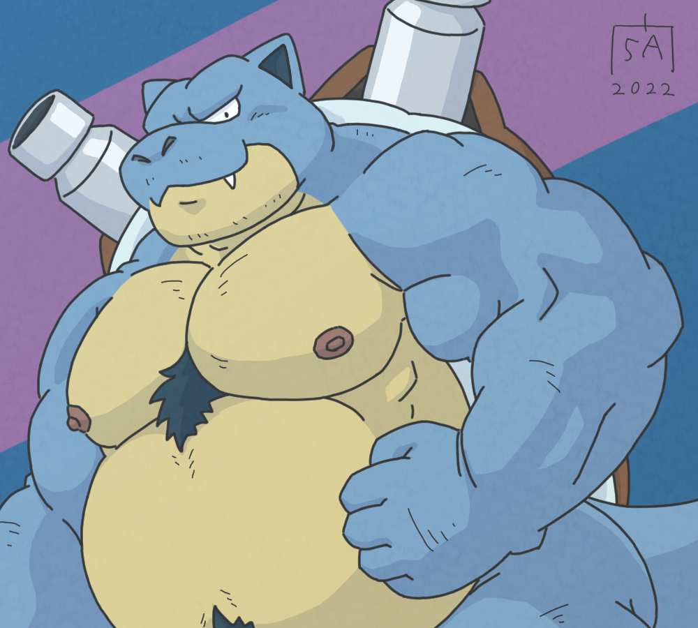 2022 anthro belly big_belly blastoise blue_body cute_fangs goyemon_k humanoid_hands kemono male moobs nintendo nipples overweight overweight_male pok&eacute;mon pok&eacute;mon_(species) solo video_games