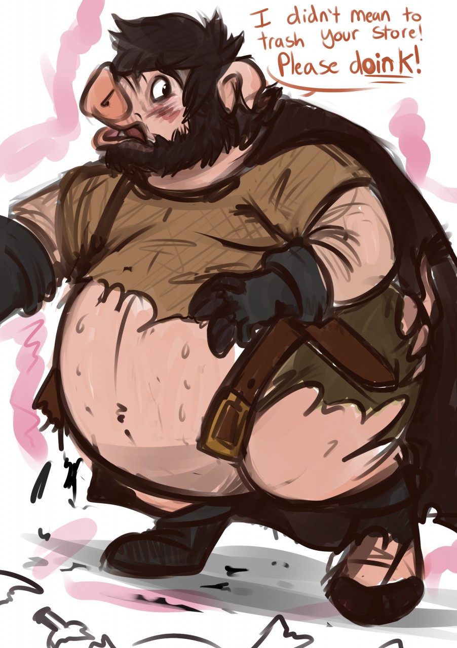 anthro beard belly belt big_belly binturongboy blush brown_hair cloak clothed clothing dialogue domestic_pig english_text facial_hair fingers gloves hair handwear hi_res hooved_fingers hooves human human_to_anthro magic male mammal moobs navel obese obese_anthro obese_male offscreen_character overweight overweight_anthro overweight_male partial_speech_bubble semi-anthro solo species_transformation standing suid suina sus_(pig) text torn_clothing transformation weight_gain